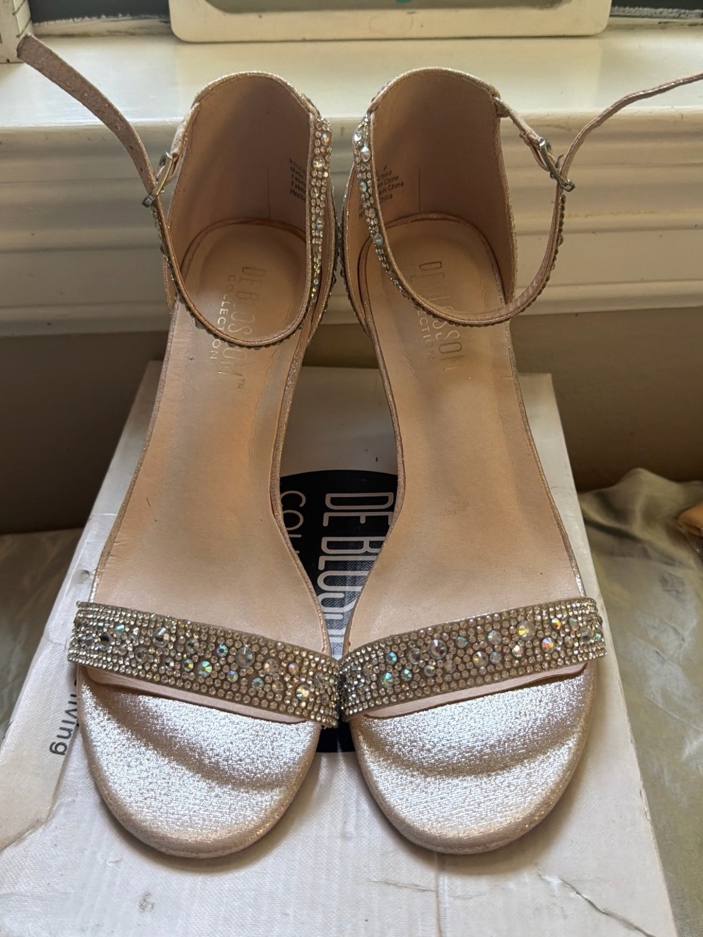 De Blossom Collection Champagne Glitter Rhinestone Ankle-Strap Heels